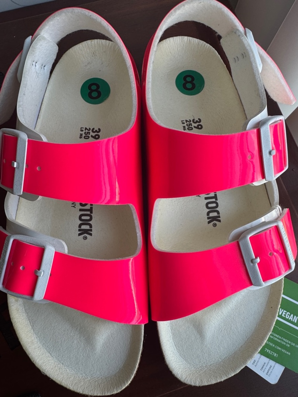 Birkenstock Neon Coral Patent Double-Buckle Sandals